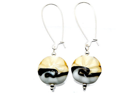 Murano Foil Glass Button Earrings (Light Grey with White)
