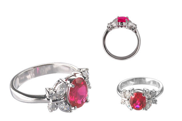 Cubic Zirconia Sterling Silver Ruby Red Oval with Clear Butterfly