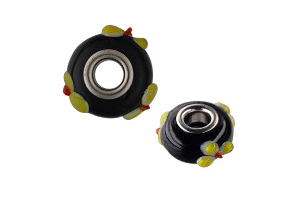 Lampwork Rondelle with Silver-Plated Core (Black w/Yellow Flowers), 10x15mm