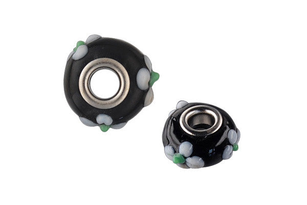 Lampwork Rondelle with Silver-Plated Core (Black w/White Flowers), 10x15mm