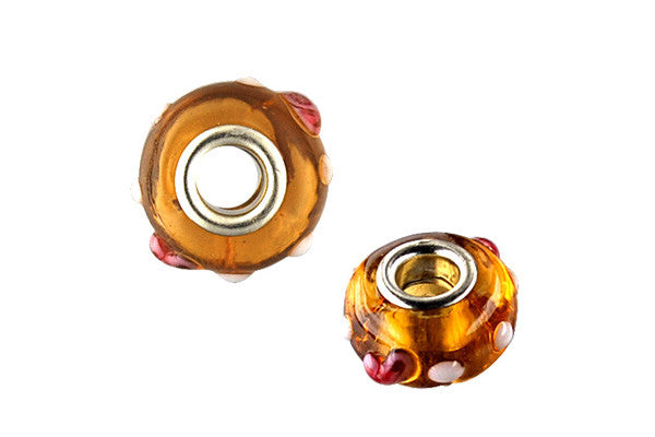 Lampwork Rondelle with Silver-Plated Core (Brown w/Rose & White Dots), 10x15mm