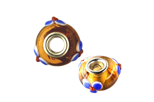 Lampwork Rondelle with Silver-Plated Core (Brown w/Blue Flowers), 10x15mm