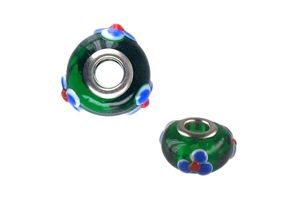 Lampwork Rondelle with Silver-Plated Core (Green w/Blue Flowers), 10x15mm