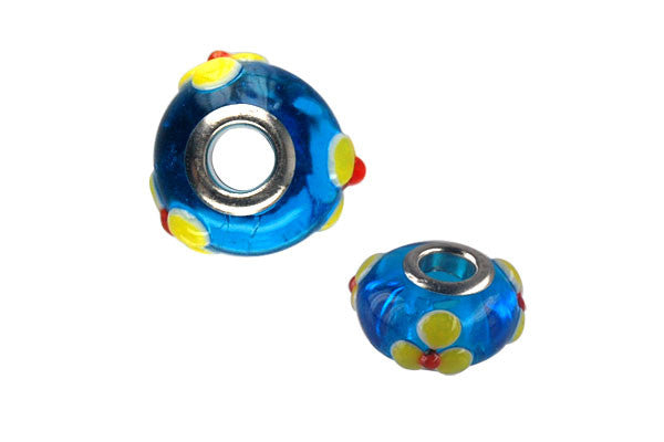 Lampwork Rondelle with Silver-Plated Core (Blue w/Yellow Flowers), 10x15mm