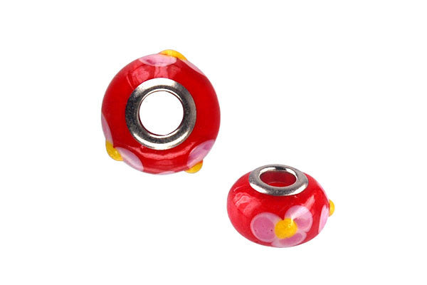 Lampwork Rondelle with Silver-Plated Core (Red w/Pink Flowers), 10x15mm