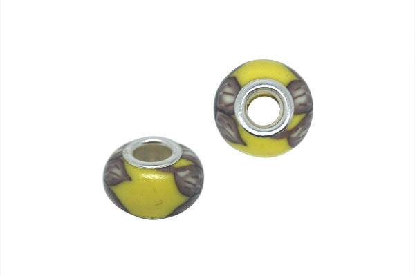 Fimo Rondelle w/Silver-Plated Core (Yellow w/Brown Flowers), 10x15mm