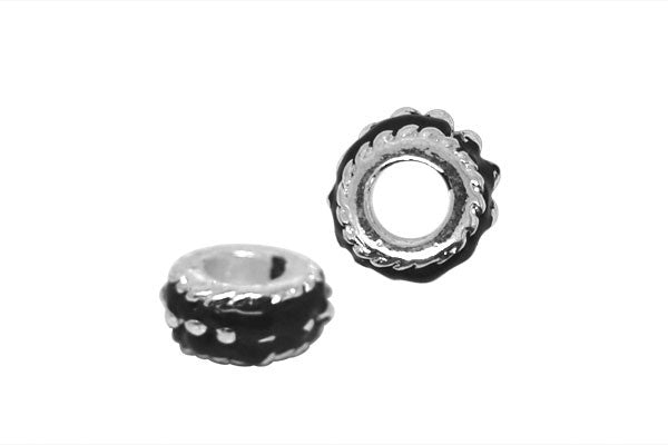 Metal Alloy Beads Rondelle w/Dotted Ring & Black Enamel (Silver-Plated), 6x14mm