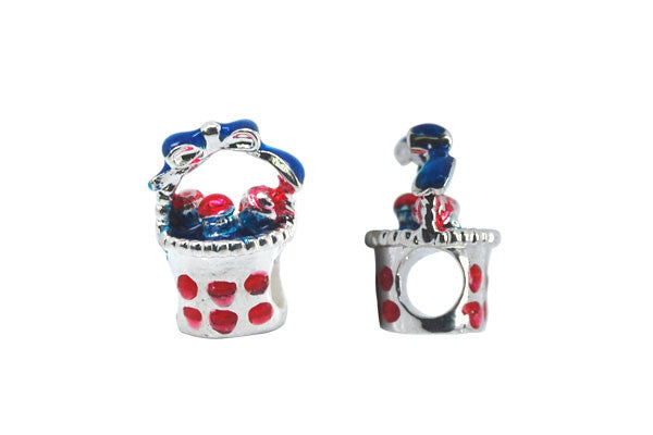 Metal Alloy Beads Silver Basket w/Blue & Red Enamel, 10x15mm