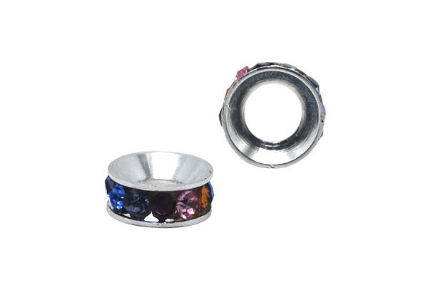 Metal Alloy Silver Rondelle w/Multicolor Rhinestone, 4x9mm