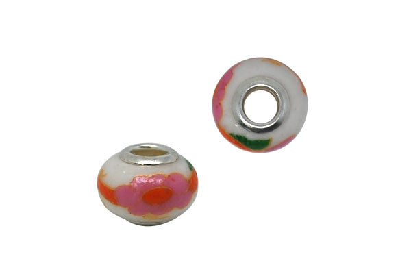 Porcelain Rondelle w/Silver-Plated Core (Orange Stem Pink Flowers), 10x15mm