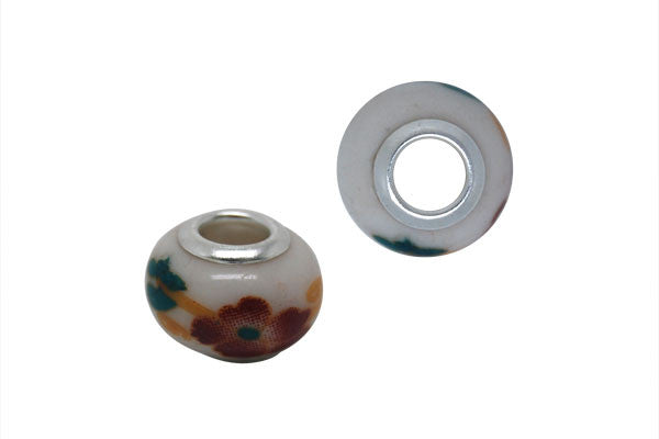 Porcelain Rondelle w/Silver-Plated Core (White w/Burgundy Flowers), 10x15mm