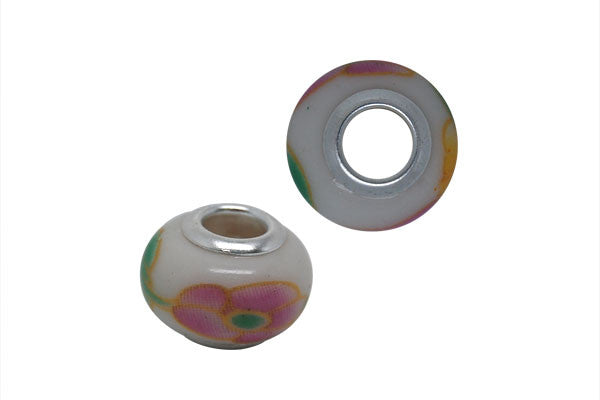 Porcelain Rondelle w/Silver-Plated Core (White w/Pink Flowers), 10x15mm