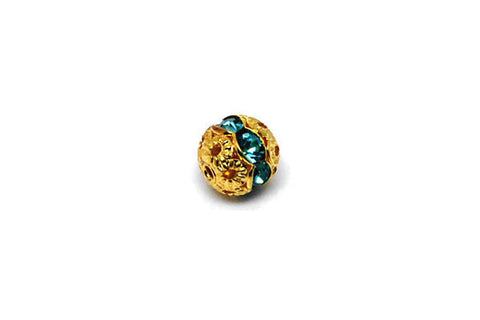 Gold-Plated Brass Round w/Blue Zircon Rhinestone, 6mm