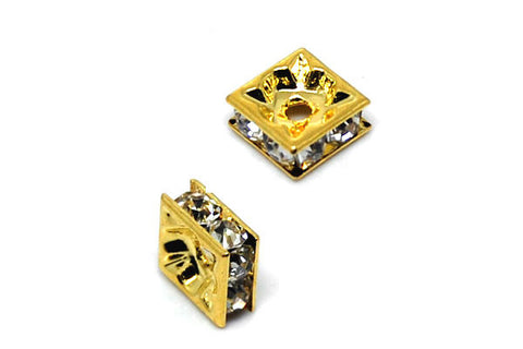 Gold-Plated Brass Spacer Square w/Rhinestone, 8mm