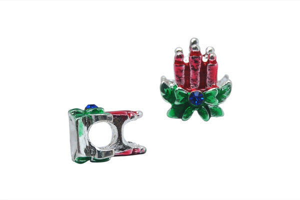 Metal Alloy Beads 3 Candles w/Blue Rhinestone (Silver), 12x13mm