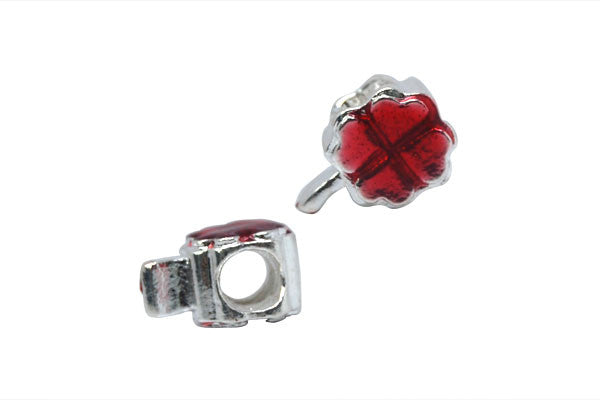 Metal Alloy Beads 4-Leaf Clover w/Red Enamel (Silver), 9x13mm