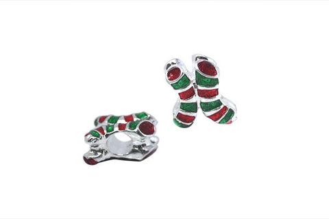 Metal Alloy Beads Christmas Stockings w/Red & Green Enamel (Silver), 11x14mm
