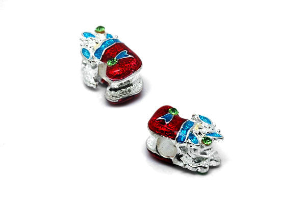 Metal Alloy Beads Colored Stocking w/ Green Rhinestone (Silver), 10x17mm
