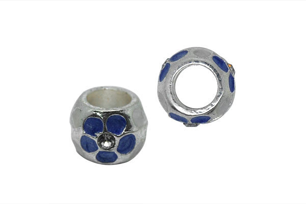 Metal Alloy Beads Drum w/Blue Enamel & Clear Rhinestone (Silver), 10x13mm