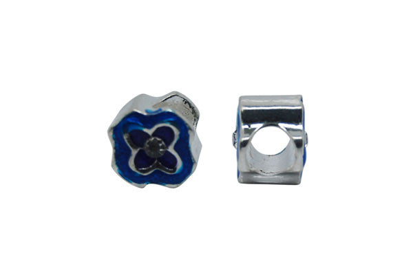Metal Alloy Beads Flower w/Blue Enamel & Clear Rhinestone (Silver), 10x10mm