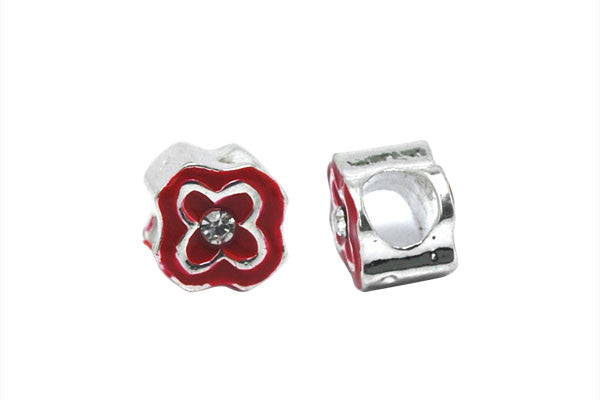 Metal Alloy Beads Flower w/Red Enamel & Clear Rhinestone (Silver), 10x10mm
