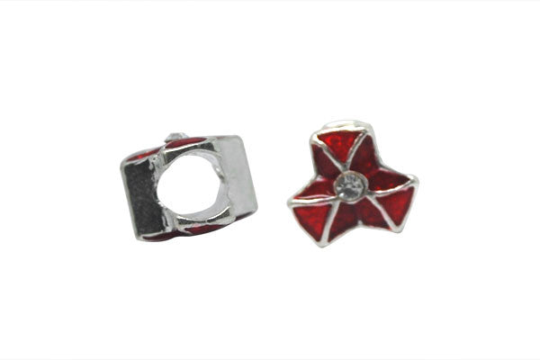 Metal Alloy Beads Flower w/Red Enamel & Clear Rhinestone (Silver), 10x10mm