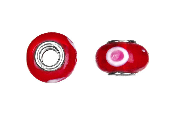 Lampwork Rondelle with Silver-Plated Core (Red w/Pink Dots), 10x15mm