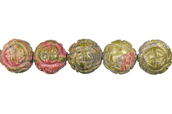 Unakite (Brazil) Carved Lotus Flower (Round) Beads