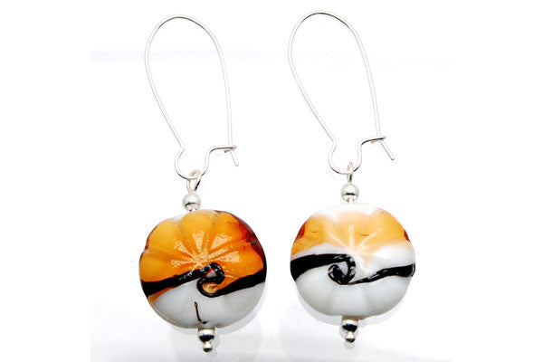 Murano Foil Glass Button Earrings (Amber with White)