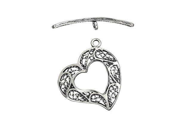 Sterling Silver Heart Filigree Toggle Clasp, 22.5mm