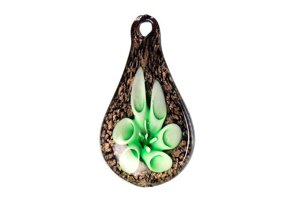 Pendant Murano Foil Glass Briolette Flower (Front Drilled) (Green)