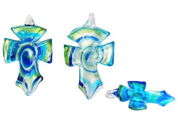Murano Foil Glass Cross Earrings (YHA02 Aqua)