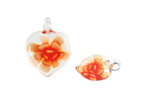 Murano Foil Glass Heart Flower Earrings (Orange)