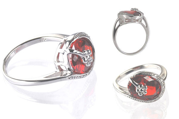 Cubic Zirconia Sterling Silver Garnet Red Oval Cocktail