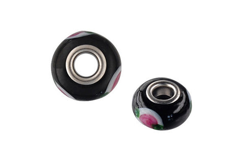Lampwork Rondelle with Silver-Plated Core (Black w/Pink Flowers), 10x15mm