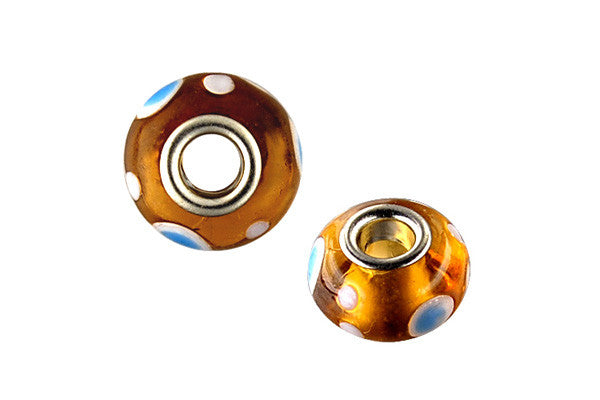 Lampwork Rondelle with Silver-Plated Core (Brown w/Blue & White Dots), 10x15mm