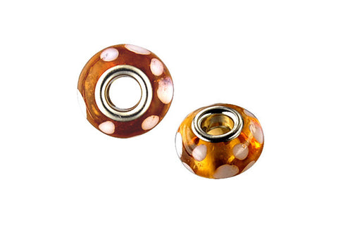 Lampwork Rondelle with Silver-Plated Core (Brown w/White Polka Dots), 10x15mm