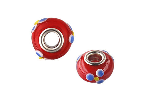 Lampwork Rondelle with Silver-Plated Core (Red w/Blue Flowers), 10x15mm