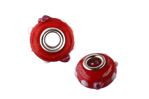 Lampwork Rondelle with Silver-Plated Core (Red w/Rose & White Dots), 10x15mm