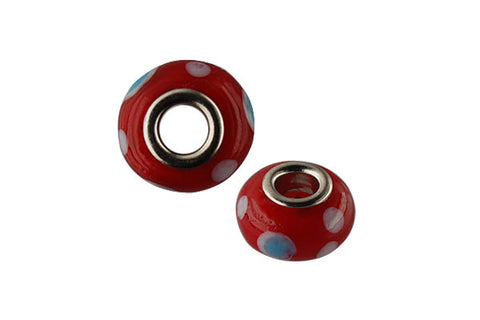 Lampwork Rondelle with Silver-Plated Core (Red w/Blue & White Dots), 10x15mm