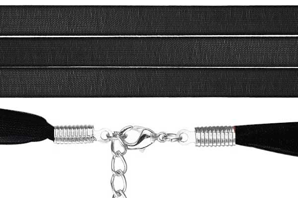 Organza Ribbon Necklace, Black, Silver-Plated Clasp