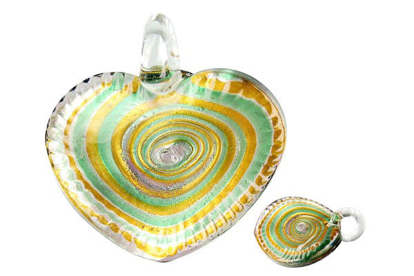 Pendant Murano Foil Glass Twisted Flat Heart (Green & Yellow)