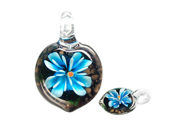 Pendant Murano Foil Glass Heart Flower (YHB01 Aqua)