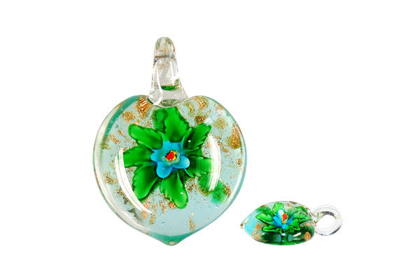 Pendant Murano Foil Glass Heart Flower (YHB21 Aqua)