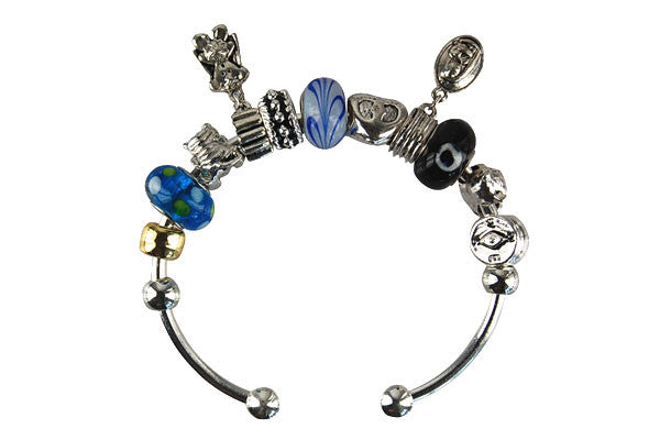 Pandora Style Bangle with Lampwork Beads, H008, Silver-Plated, 7.5"