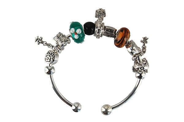 Pandora Style Bangle with Lampwork Beads, H009, Silver-Plated, 7.5"
