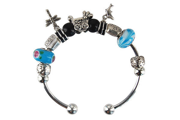 Pandora Style Bangle with Lampwork Beads, H010, Silver-Plated, 7.5"
