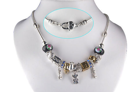 Pandora Style Necklace w/ Black Lampwork Beads, "Travel", 16"