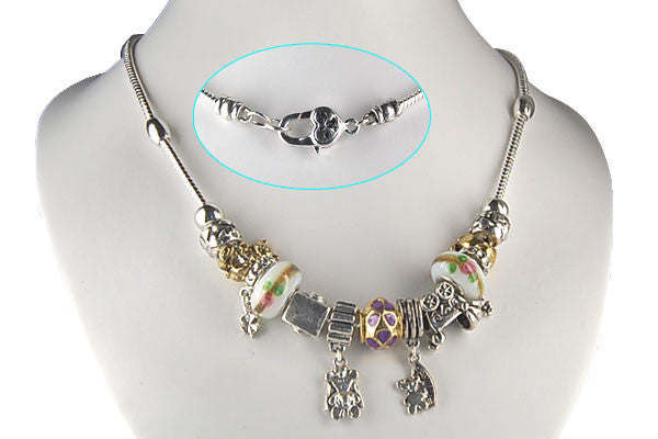 Pandora Style Necklace w/ White Lampwork Beads, "Baby Buggy", 16"