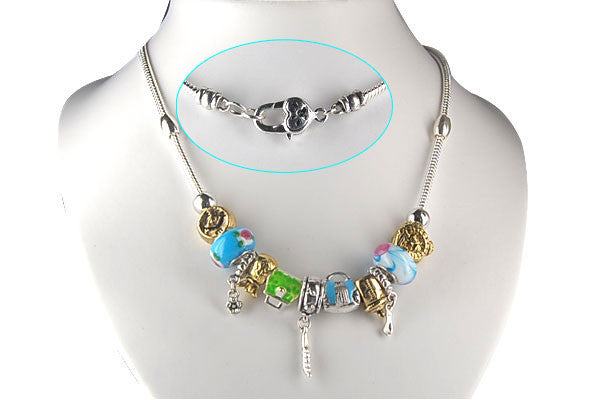 Pandora Style Necklace w/ Blue Lampwork Beads, "Silver Spoon", 16"